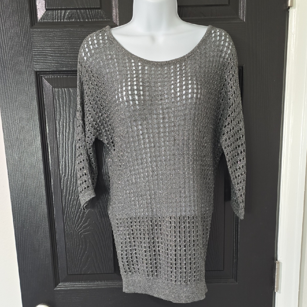 Express Shimmery Silver Gray Open-Weave Scoop Neck Sweater